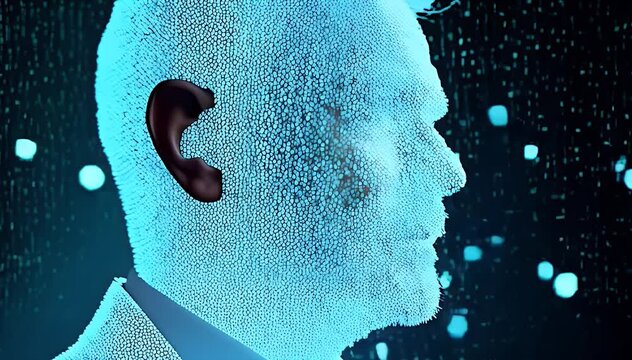 Side profile of a man&rsquo;s face dissolving into glowing blue pixels, symbolizing digital identity, virtual transition, or data fragmentation.