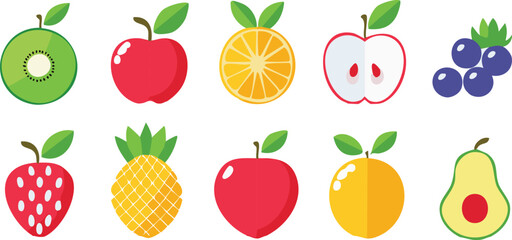 Vector Set of Colorful Cartoon Fruit Icons Featuring Kiwi, Apple, Orange, Strawberry, Pineapple, and Avocado in a Neatly Arranged Flat Layout

