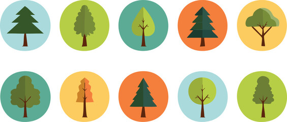 Bright and Cheerful Vector Set of Stylized Trees Featuring Rounded and Triangular Canopies in Whimsical Layout

