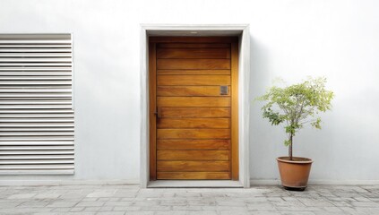 Modern home entrance with a minimalist wooden front door, offering a clean and simple appeal.