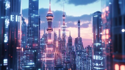 Fototapeta premium Futuristic cityscape at sunset, with tall, illuminated skyscrapers and glowing architectural details