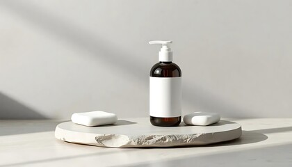 Pump Bottle and Soap on Stone Platform