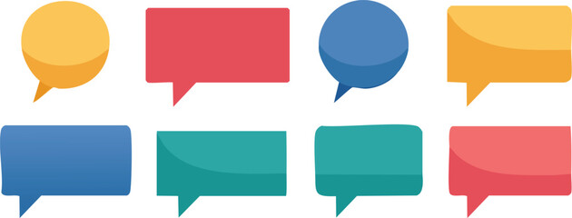 Vector Set of Eight Colorful Speech Bubbles in Cartoon Style Arranged in Two Rows on a Clean White Background with Subtle Shading and Flat Design Aesthetic

