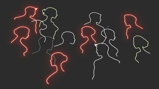 People silhouettes. Thin line draw. Diverse crowd. Community, society, different personalities and cultures make population. Multicultural, international rights concept. Right to be different.