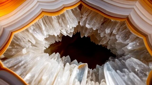 Macro image of a polished agate geode featuring white quartz crystals and layers of orange, gray, and white bands.