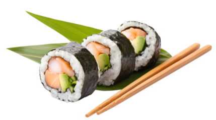 Fresh sushi rolls with salmon and rice on a white plate with chopsticks