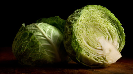 Fototapeta premium Fresh Raw Cabbage Slices on Wooden Table in Dark Kitchen Setting with Dramatic Lighting and Texture
