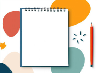  blank spiral notebook on a colorful abstract background with an orange pencil and pencil shavings beside it.