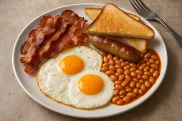 Classic Breakfast Plate: Eggs, Bacon, Sausage, Toast & Beans