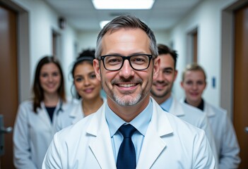 Confident Medical Team of Doctors and Nurses in Hospital Corridor