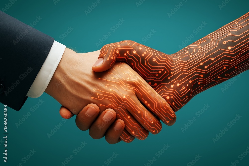 Aufkleber Human hand shaking with a robotic hand covered in glowing circuit patterns on teal background, symbolizing business partnership in technology concept.