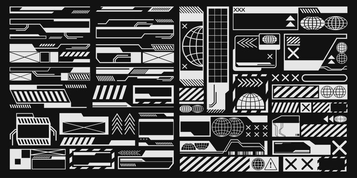 Digital futuristic elements set, Technology sign design bundle, Streetwear element vector collection, Brutalism electronic and data concept graphic packs