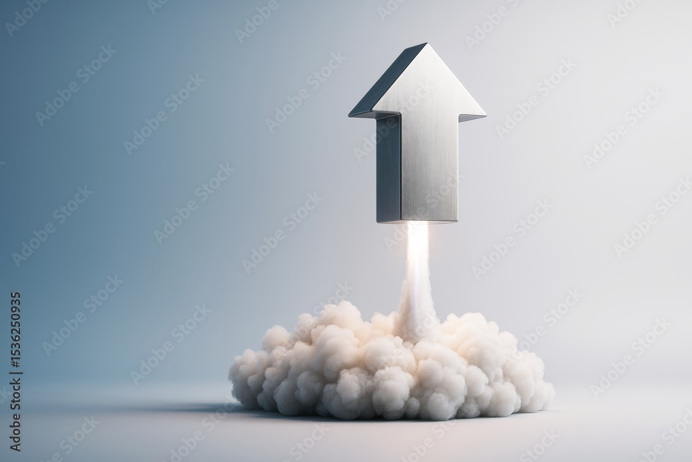 Poster metallic upward arrow launching like a rocket with smoke clouds on light background symbolizing busi