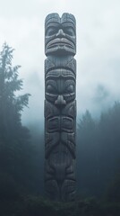 Carved totem pole in misty forest