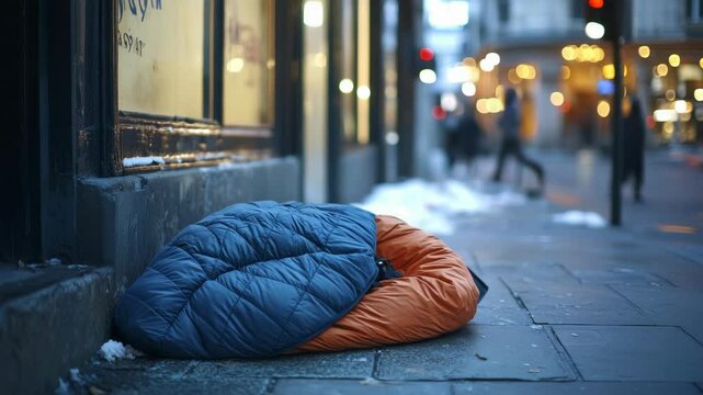 Homeless individual seeking shelter on city sidewalk during chilly winter evening