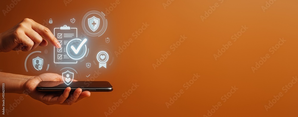 Poster Digital checklist icons hovering above smartphone held by hands, representing security and data validation on orange background with copy space.