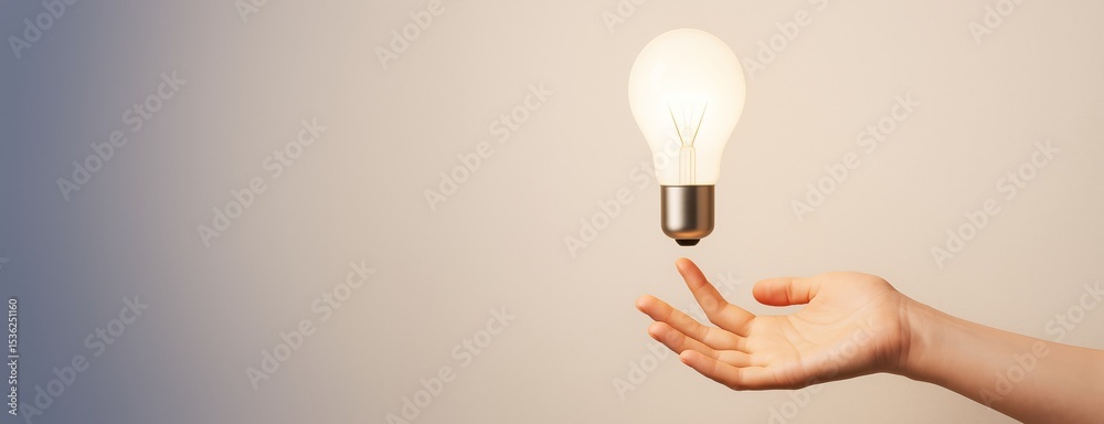 Aufkleber hand reaching toward glowing light bulb on gradient background symbolizing innovation, creativity, a