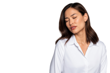 Young businesswoman with a sad and tired expression, eyes closed, isolated on transparent background. Ideal for stress, emotion, or workplace themes