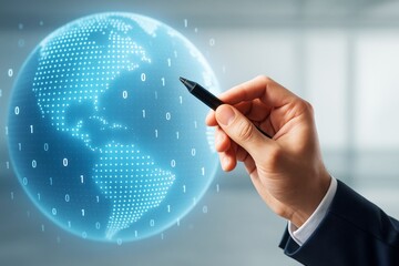 Business hand holding pen interacting with digital globe and binary code on futuristic light background, symbolizing global data and innovation concept.