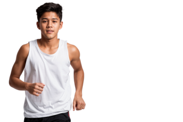 Confident young man jogging in a white tank top, isolated on transparent background. Great for themes of fitness, energy, youth, and active lifestyle
