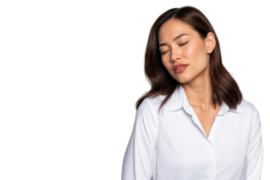 Young businesswoman with a sad and tired expression, eyes closed, isolated on transparent background. Ideal for stress, emotion, or workplace themes
