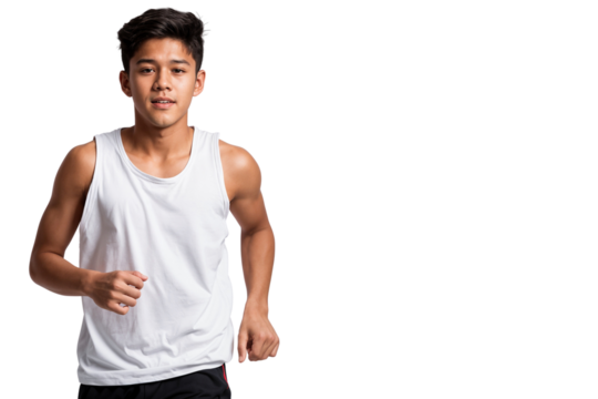Confident young man jogging in a white tank top, isolated on transparent background. Great for themes of fitness, energy, youth, and active lifestyle