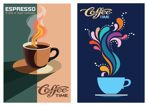 A trendy two - poster set showcasing stylized coffee illustrations - one with a motivational espresso theme, the other with colorful, creative steam swirls.