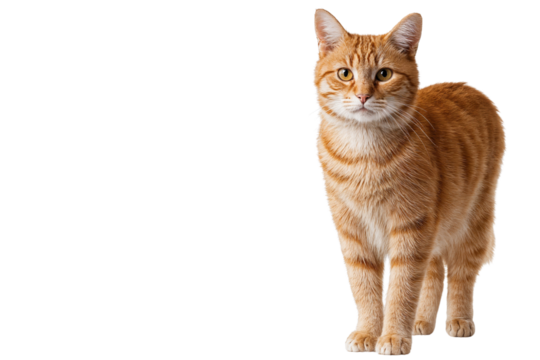 Cute orange tabby cat standing and looking straight ahead with alert expression. Isolated on transparent background