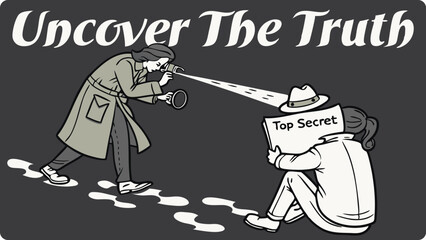 Illustration of a detective uses a magnifying glass to uncover a top secret document held by a mysterious figure
