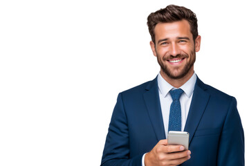 Smiling businessman holding a smartphone, looking confident and professional, isolated on transparent background, ready for business communication