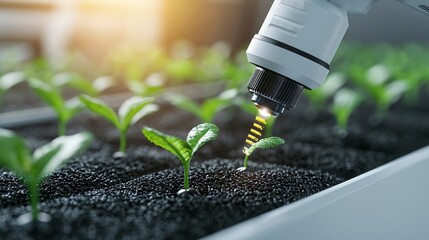 close-up of AI plant health scanner, agri-biotech tool, futuristic crop analysis device