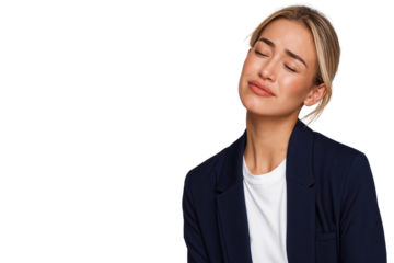 Upset businesswoman showing a sad expression with eyes closed after losing her job, isolated on transparent background