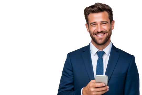 Smiling businessman holding a smartphone, looking confident and professional, isolated on transparent background, ready for business communication