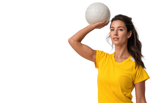 Confident female volleyball player in yellow jersey holding a volleyball above her head, isolated on transparent background, ready to serve or play