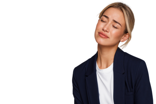 Upset businesswoman showing a sad expression with eyes closed after losing her job, isolated on transparent background