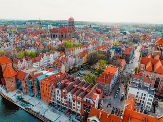 Gdansk with Motlawa river in Poland. Aerial landscape of the Main Town. Old town colourful house with saint Marys church