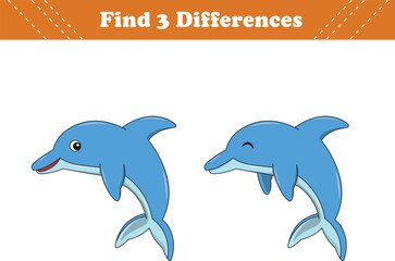 Obraz premium Education game for children find three differences between two dolphin cartoon. Vector illustration