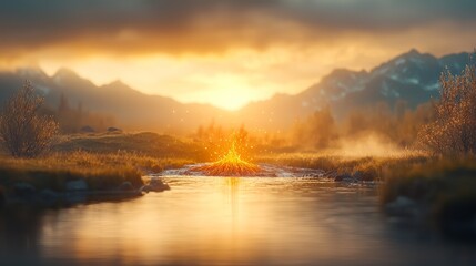 Sunset reflection over a calm river majestic mountains in the background nature photography serene environment wide angle view