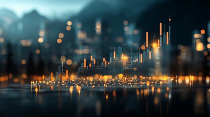 Market data visualization insights urban cityscape digital analytics evening atmosphere aerial perspective investment trends