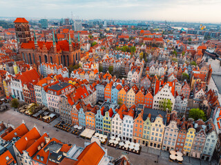 Gdansk with Motlawa river in Poland. Aerial landscape of the Main Town. Old town colourful house with saint Marys church