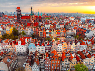 Gdansk with Motlawa river in Poland. Aerial landscape of the Main Town. Old town colourful house with saint Marys church