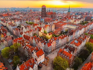 Gdansk with Motlawa river in Poland. Aerial landscape of the Main Town. Old town colourful house with saint Marys church