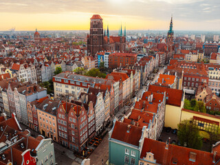 Gdansk with Motlawa river in Poland. Aerial landscape of the Main Town. Old town colourful house with saint Marys church