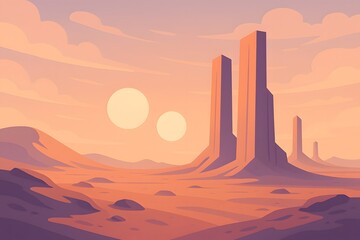 Desert Sunset Landscape with Two Suns and Monoliths – Abstract Digital Art