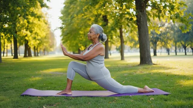 Elderly african american woman performs a yoga stretch in a peaceful park. International Day of Yoga