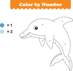 Color by numbers. Coloring page for kids. Coloring with cute dolphin. Vector illustration
