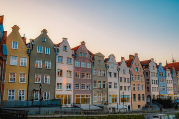 Gdansk with Motlawa river in Poland. Old town colourful house with main square.
