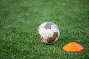 A soccer ball is sitting on the grass next to a cone