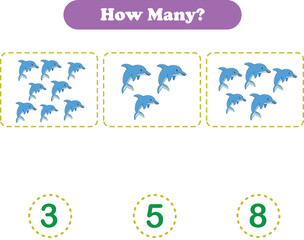 Addition for children. Addition with dolphin. Worksheets for children. Vector illustration