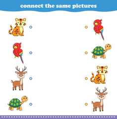 Education game for children connect the same picture of cute cartoon wild animal printable. Vector Illustration